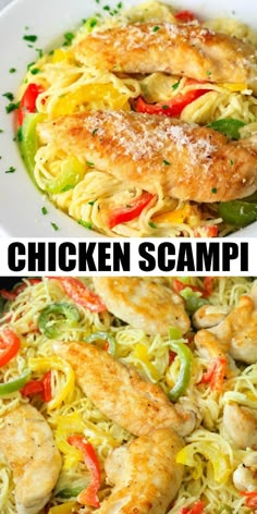 chicken scampp with noodles and peppers in a white bowl