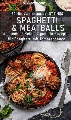 spaghetti and meatballs with tomato sauce in a bowl