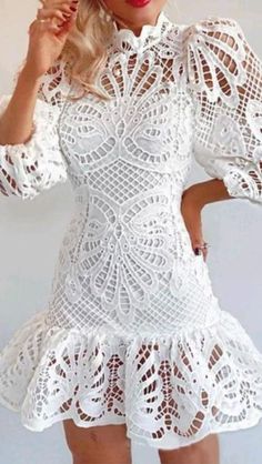 Lace Mermaid Dress, Dress For Ladies, Women Fashion Dress, Lantern Sleeve Dress, Lace Patchwork, Lace White Dress, Lantern Sleeves, Crochet Dress, Long Sleeve Pullover