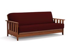 a wooden futon bed frame with red fabric on the top and bottom, against a white background