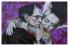 a painting of two people hugging each other with tattoos on their arms and chestes