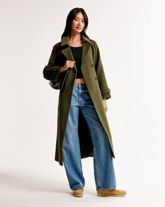 Our new on-trend trench coat in our soft wool-blend fabric with an easy, relaxed-fit silhouette. This long-length cozy coat features classic trench details with double-breasted button closure and tie-front belt. Green Wool Coat, How To Stretch Shoes, Cozy Coats, Women Ties, Wool Trench Coat, Trench Coats Women, Green Wool, Women's Coats & Jackets, Women's Coats