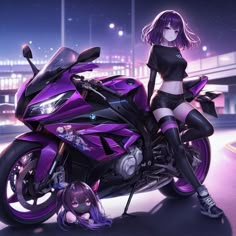 a woman sitting on top of a purple motorcycle