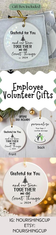 two christmas gift tags with the words employee and volunteer gifts on them