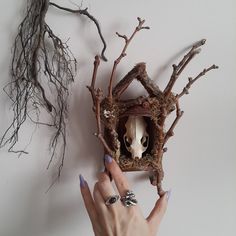 a woman's hand holding up a fake animal skull in a tree house made out of branches