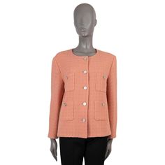 100% authentic Chanel collarless tweed jacket in pale coral pink wool (100%). Features classic four pocket design. Closes with silver-tone metal CC buttons and is lined in silk (100%). Has been worn and is in excellent condition. 2021 Pre-Fall Measurements Model 21B P71171 V41202 Tag Size 44 (runs small) Size L Shoulder Width 43cm (16.8in) Bust From 105cm (41in) Waist From 100cm (39in) Hips From 110cm (42.9in) Length 62cm (24.2in) Side Seam Length 36cm (14in) Sleeve Length 56cm (21.8in) All our listings include only the listed item unless otherwise specified in the description above Chanel 2021, Rosa Coral, Pink Chanel, Chanel Vintage, Outerwear Coats, Pre Fall, Tweed Jacket, Coral Pink, Lanvin