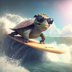 a turtle wearing sunglasses riding on top of a surfboard in the ocean with waves