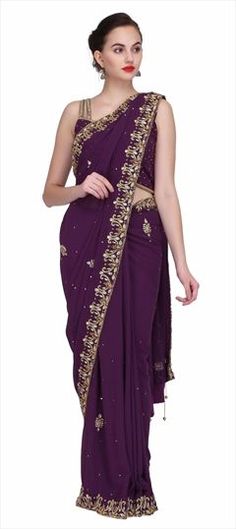 Purple and Violet color Saree in Georgette fabric with Dabka, Sequence, Stone, Zari work Purple Art Silk Embroidered Fabric For Party, Purple Traditional Saree With Sequins, Traditional Purple Saree With Sequins, Traditional Purple Sequined Saree, Traditional Purple Sequined Blouse Piece, Purple Saree With Mirror Work For Celebration, Purple Georgette Blouse Piece For Celebration, Purple Bollywood Embroidered Fabric For Party, Celebration Purple Georgette Blouse Piece