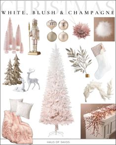 white, blush and champagne christmas mood board with pink accents for the holiday decorating season