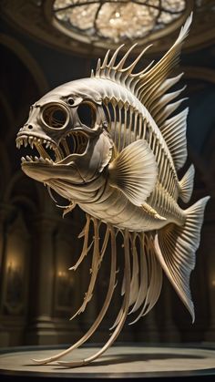 a fish skeleton is displayed in front of a chandelier and circular ceiling light