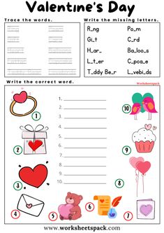 valentine's day worksheet for kids with pictures and words to print out