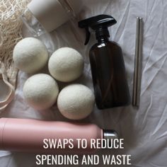 several different items on a bed with the words swaps to reduce spending and waste