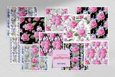 pink roses and blue flowers are arranged on the white wall with different patterns to match