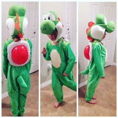 three pictures of a child dressed as a frog with balloons on his head and in pajamas