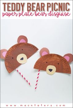 two paper plate bears with straws on them