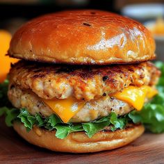 a chicken burger with cheese and lettuce on a wooden table next to oranges