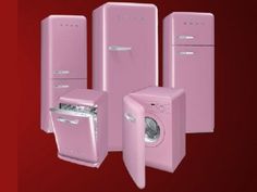 three pink refrigerators and two washing machines on a red background with the same color