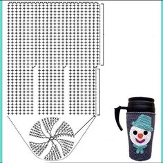 a coffee cup with a snowman on it next to a crochet pattern