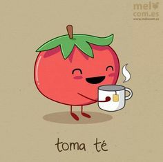 a cartoon tomato holding a cup of coffee with the word toma te written below it