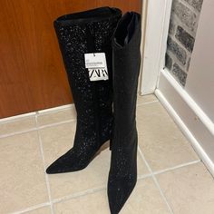 Knee High Boot With Black Rhinestone Details. New With Tag. Size 6 Black Sparkly Knee High Boots, Elegant Glitter Boots For Winter, Elegant Winter Glitter Boots, Elegant Glitter Boots With Pointed Toe, Elegant Black Boots With Bling, Black Sparkling Boots For Party, Black Sparkling Party Boots, Black Sequined Boots For Evening, Elegant Black Sparkling Boots