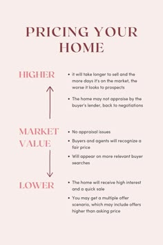 a pink poster with the words pricing your home and market value lower than other items