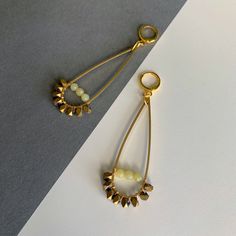 18k gold plated brass hooks with hematite, dyed jade and brass. 3 inches from top of hook. Handmade Brass Drop Earrings, Brass Jeweled Drop Earrings, Dangle Brass Beaded Earrings, Beaded Brass Drop Earrings, Brass Gemstone Drop Earrings, Brass Hook, Make And Sell, Hair Jewelry, Jade