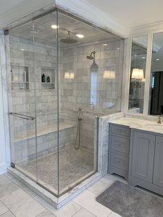 a walk in shower sitting inside of a bathroom