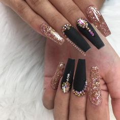 Pink Black And Gold Nails, Black Nude Gold Nails, Black And Rose Gold Nails Acrylic, Black And Rose Gold Nail Designs, Black And Rose Gold Sparkle Nails, Coffin Black And Gold Nails, Black Nails Rose Gold Glitter