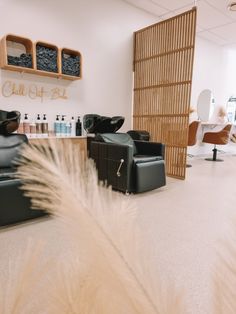 a hair salon with two chairs and one chair in the foreground, there is a plant on the far side of the room