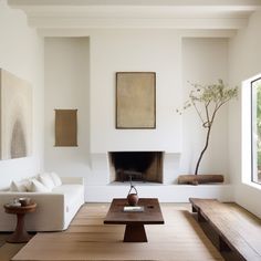 a living room with two couches and a coffee table in front of a fireplace