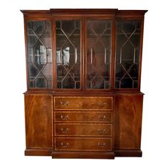 an old wooden china cabinet with glass doors on the top and bottom drawers, against a white background