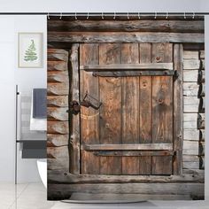 an old wooden door on the side of a wall in a bathroom shower curtain set