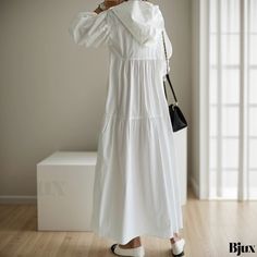 Bjux - Loose Hooded Long Dress with Lantern Sleeves, Knee-Length Shirt Dress, Babydoll Dress Puffy Skirt, Chic Shirts, Loose Maxi Dress, Babydoll Style, Lantern Sleeves, Types Of Skirts, Polo Collar, Babydoll Dress, Olivia Mark