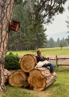 a woman sitting on top of a pile of logs next to a tree