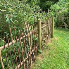 a wooden fence made out of sticks in the middle of some grass and bushes with trees behind it