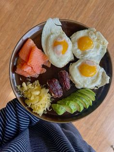 a person holding a plate with eggs, avocado, and other food items