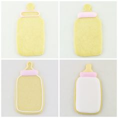 four pictures of cookie cookies with icing in the shape of mason jar and baby bottle