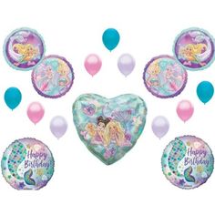 the birthday balloons are decorated with princesses and mermaids, including one heart - shaped balloon