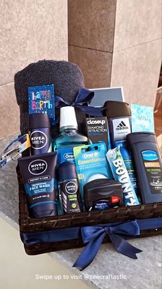 a basket filled with men's grooming products