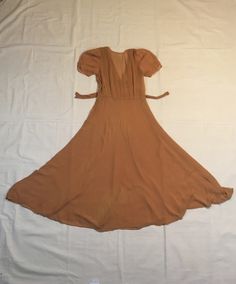 "1930s dress handmade gauze synthetic side zip smock shoulder short sleeve v front button back waist band unlined, sem-transparent gorgeous piece w/wear as is w/some holes throughout, mostly shirt, and a few small ones in folds of skirt, great fixer or sample measures, lying flat, shoulder-12\" sleeve-9\" chest-19\" waist-15\" top to waist at side-13\" length-54\" about calf to ankle length, depending on wearer's height" Fitted Vintage Dress In Solid Color, Solid Color Vintage Summer Dress, Retro Fitted Rayon Dresses, Lined Solid Dresses For Daywear, Solid Lined Dresses For Daywear, Lined Dress For Daywear, Solid Color Lined Dresses For Daywear, Vintage Rayon Dresses For Daywear, Fitted Vintage Rayon Dress