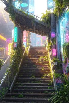 a set of stairs with plants growing on them