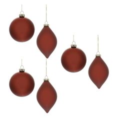 six red christmas ornaments hanging from strings