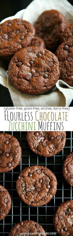 chocolate cookies on a cooling rack with text overlay that reads flourless chocolate zucchini muffins