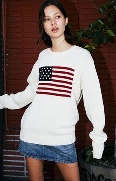 John Galt Cream Flag Crew Neck Sweater | PacSun Navy Flag, Flag Sweater, American Flag Sweater, Oversized Jumper, Graphic Sweaters, Ralph Lauren Jeans, John Galt, Old Navy Women, Outerwear Sweater