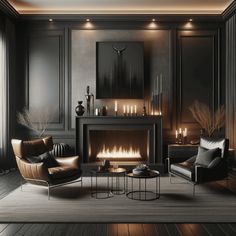 a living room with two chairs and a fire place in the center, surrounded by dark wood paneling