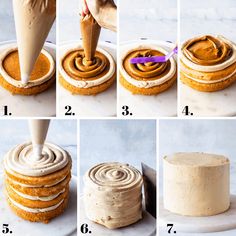 the steps to make a frosted cake with icing and cinnamon swirl on top