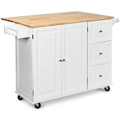 a white kitchen island with two drawers and a butcher block top on casteor wheels