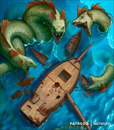 an image of some kind of boat in the water with two dragon heads on it