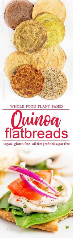 an image of some food that is on top of a plate with the words quinoa flatbreads