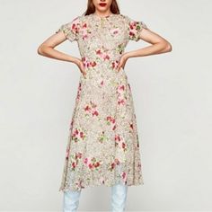 Brand New Zara Floral Star Dress Trafluc Collection/Never Worn/With Tag Feminine Multicolor Midi Dress With Short Sleeves, Feminine Multicolor Short Sleeve Midi Dress, Pink Short Sleeve Midi Dress For Casual Wear, Pink Short Sleeve Midi Dress For Casual Occasions, Zara Floral Print Day Dresses, Zara Floral Print Dresses For Daywear, Pink Ditsy Floral Print Knee-length Dress, Pink Ditsy Floral Knee-length Dress, Pink Floral Short Sleeve Dress